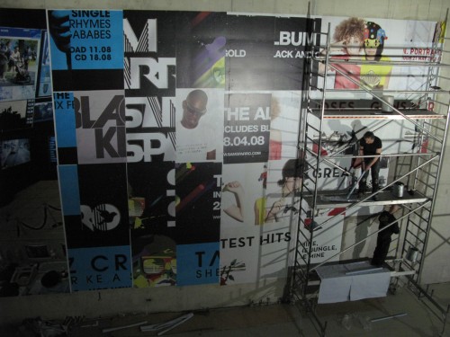 we had to paste up a base layer of random billboard sheets, donated by a mate, Fibs helped us - thanks Fibs!