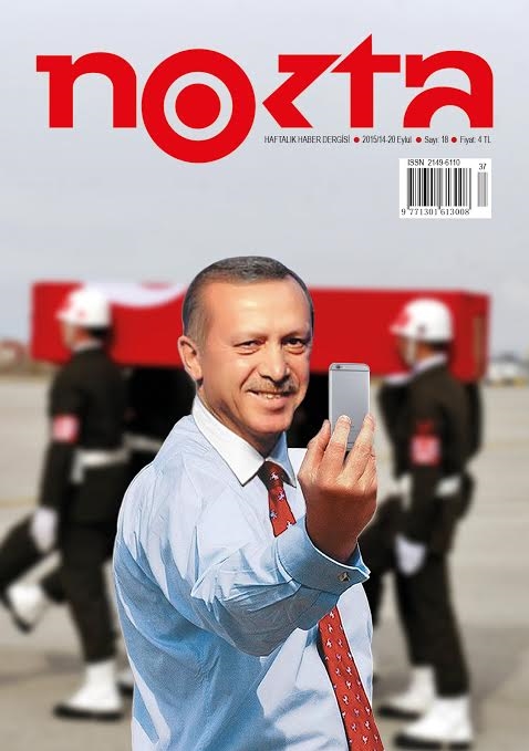 on the 13th September 2015 nokta magazine published with a cover image of turkish president Erdogan taking a selfie in front of the funeral parade of a turkish soldier killed in combat with the PKK - it was made in criticism of Erdogan's statement at the funeral of how happy the young man is now to have martyred himself in the fight against terrorism. The image is the latest take on the work we made in 2005 of Tony Blair which we call Photo Op. A journalist for the magazine contacted us on the 18th September to say that the nokta magazine's offices had been raided, the editor in chief arrested and all copies of the edition confiscated. She also said that the turkish authorities were going around the countries news stands confiscating any copies of this issue. She asked us for a statement and this is what we sent